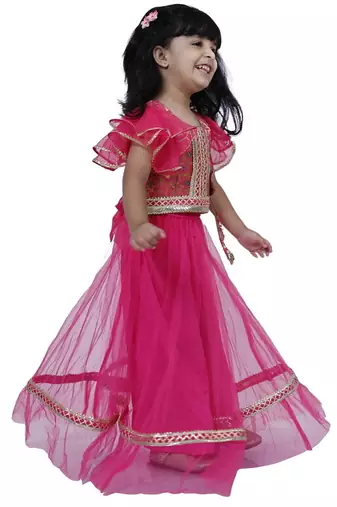 Brocade woven half sleeves embellished  top with net lehenga-pink