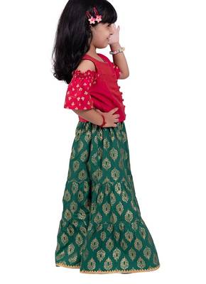 Half sleeves foil/glitter print top & printed sharara-pink & green 4
