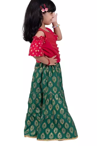 Half sleeves foil/glitter print top & printed sharara-pink & green