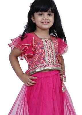 Brocade woven half sleeves embellished  top with net lehenga-pink 5