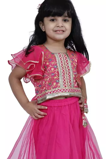 Brocade woven half sleeves embellished  top with net lehenga-pink