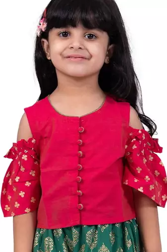 Half sleeves foil/glitter print top & printed sharara-pink & green