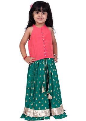 Chanderi woven sleeveless solid top & printed lehenga-coral & green 1