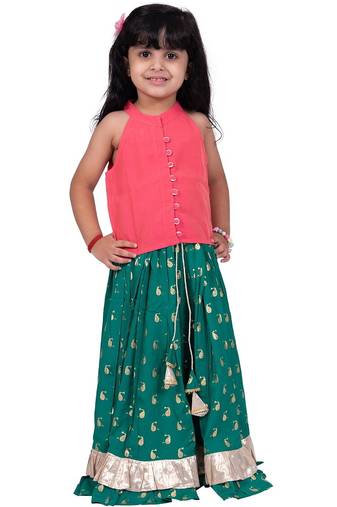 Chanderi woven sleeveless solid top & printed lehenga-coral & green