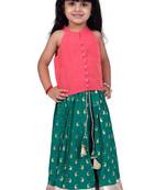 Chanderi woven sleeveless solid top & printed lehenga-coral & green
