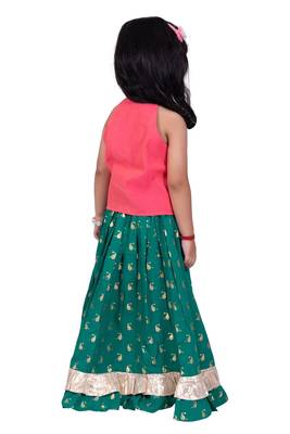 Chanderi woven sleeveless solid top & printed lehenga-coral & green 2