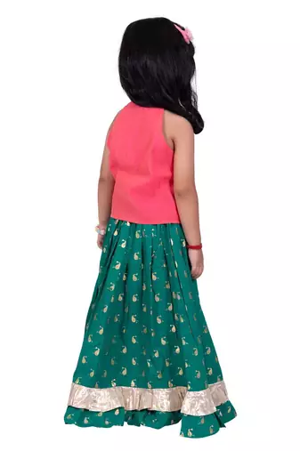 Chanderi woven sleeveless solid top & printed lehenga-coral & green