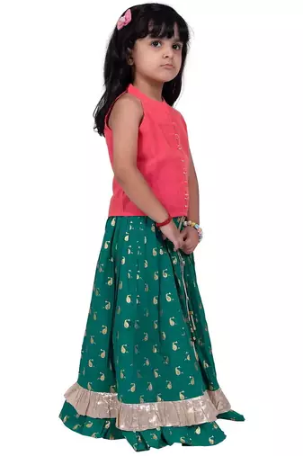 Chanderi woven sleeveless solid top & printed lehenga-coral & green
