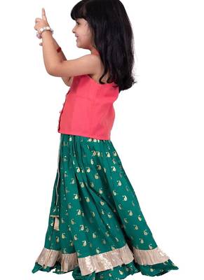 Chanderi woven sleeveless solid top & printed lehenga-coral & green 4