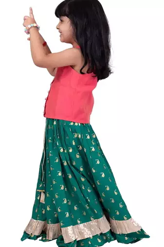 Chanderi woven sleeveless solid top & printed lehenga-coral & green