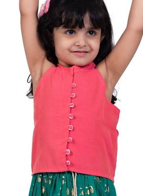 Chanderi woven sleeveless solid top & printed lehenga-coral & green 5