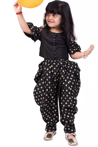 Half sleeves all over printed top with dhoti-black