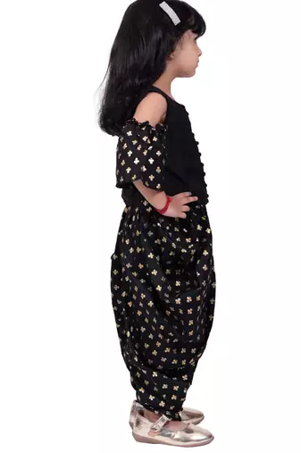 Half sleeves all over printed top with dhoti-black