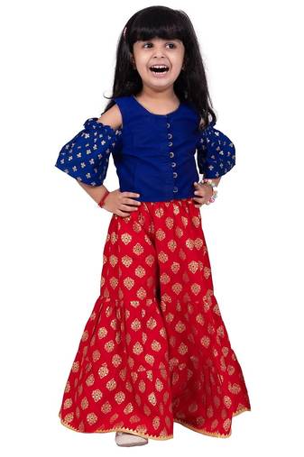Half sleeves all over printed top & sharara-blue & red