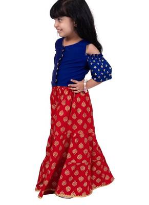 Half sleeves all over printed top & sharara-blue & red 3