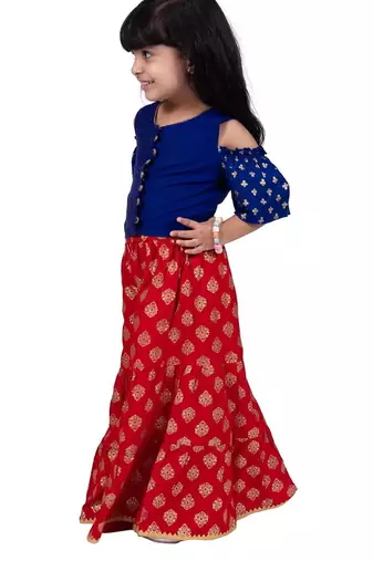 Half sleeves all over printed top & sharara-blue & red