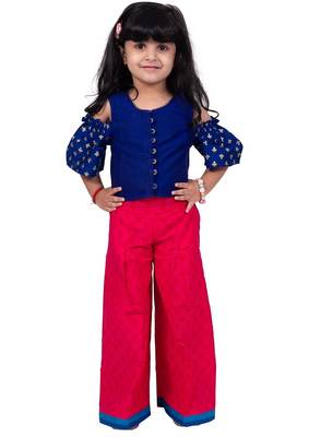 Half sleeves foil/glitter print top with printed palazzo-blue &pink 1