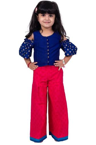 Half sleeves foil/glitter print top with printed palazzo-blue &pink