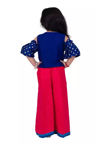 Half sleeves foil/glitter print top with printed palazzo-blue &pink