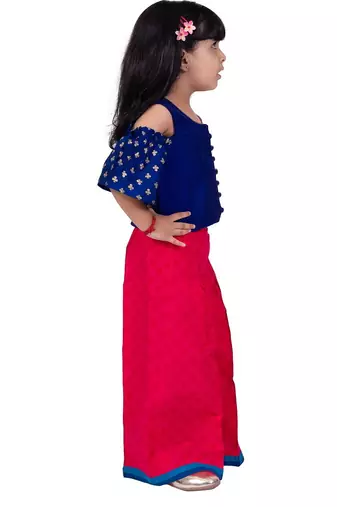 Half sleeves foil/glitter print top with printed palazzo-blue &pink