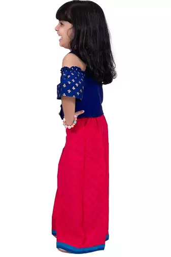 Half sleeves foil/glitter print top with printed palazzo-blue &pink