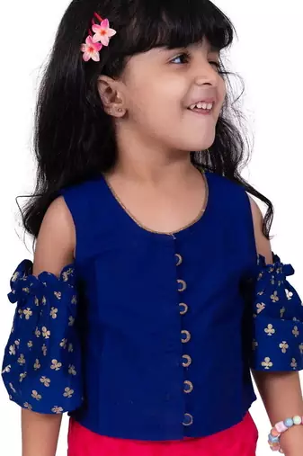 Half sleeves foil/glitter print top with printed palazzo-blue &pink