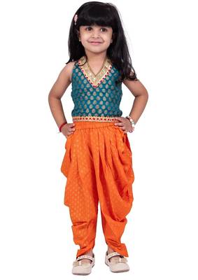 Brocade woven sleeveless embellished top with dhoti-rama green & orange 1