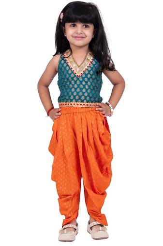Brocade woven sleeveless embellished top with dhoti-rama green & orange