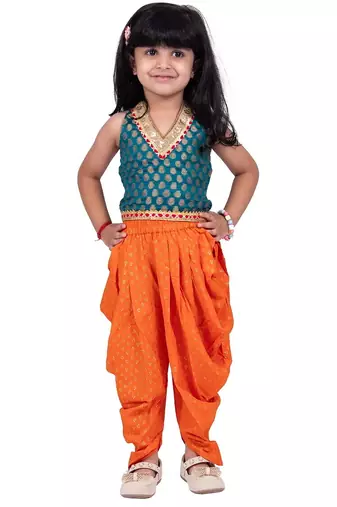 Brocade woven sleeveless embellished top with dhoti-rama green & orange