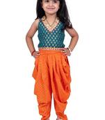 Brocade woven sleeveless embellished top with dhoti-rama green & orange