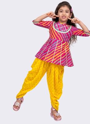 cotton woven  3/4 sleeves all over leheriya print  top with printed dhoti-pink & purple 1