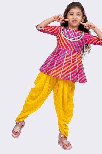 cotton woven  3/4 sleeves all over leheriya print  top with printed dhoti-pink & purple