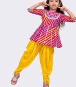 cotton woven  3/4 sleeves all over leheriya print  top with printed dhoti-pink & purple