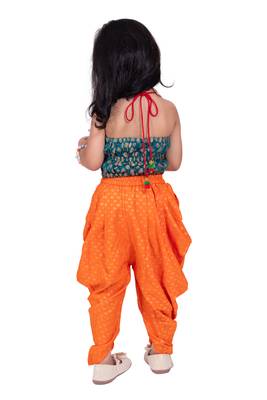 Brocade woven sleeveless embellished top with dhoti-rama green & orange 2