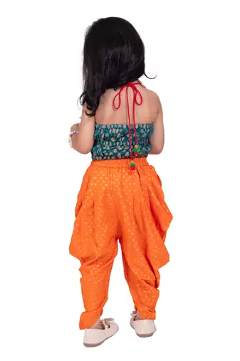 Brocade woven sleeveless embellished top with dhoti-rama green & orange