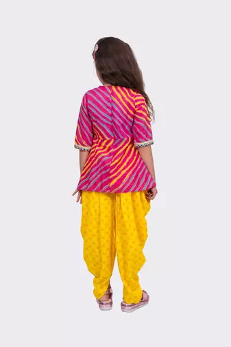 cotton woven  3/4 sleeves all over leheriya print  top with printed dhoti-pink & purple