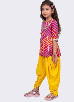 cotton woven  3/4 sleeves all over leheriya print  top with printed dhoti-pink & purple 3