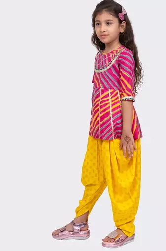 cotton woven  3/4 sleeves all over leheriya print  top with printed dhoti-pink & purple