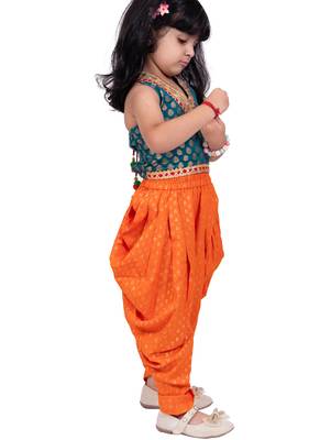 Brocade woven sleeveless embellished top with dhoti-rama green & orange 3