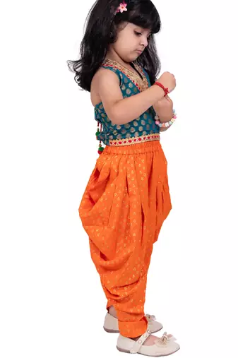 Brocade woven sleeveless embellished top with dhoti-rama green & orange