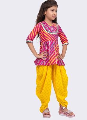 cotton woven  3/4 sleeves all over leheriya print  top with printed dhoti-pink & purple 4