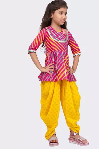 cotton woven  3/4 sleeves all over leheriya print  top with printed dhoti-pink & purple