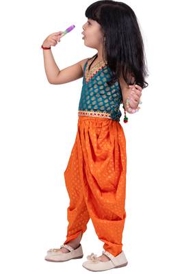 Brocade woven sleeveless embellished top with dhoti-rama green & orange 4