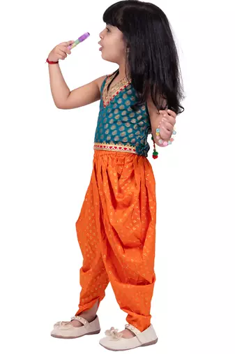 Brocade woven sleeveless embellished top with dhoti-rama green & orange