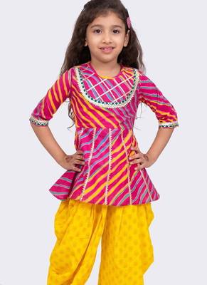 cotton woven  3/4 sleeves all over leheriya print  top with printed dhoti-pink & purple 5