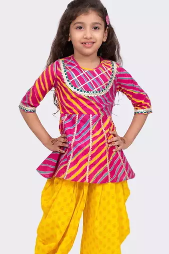 cotton woven  3/4 sleeves all over leheriya print  top with printed dhoti-pink & purple