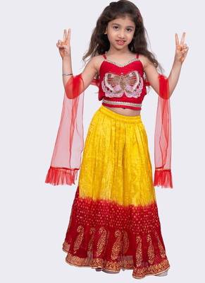 Sleeveless  placement  embroidered  top & tie dye lehenga with dupatta-red & yellow 1