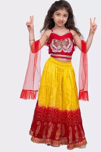 Sleeveless  placement  embroidered  top & tie dye lehenga with dupatta-red & yellow