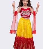Sleeveless  placement  embroidered  top & tie dye lehenga with dupatta-red & yellow