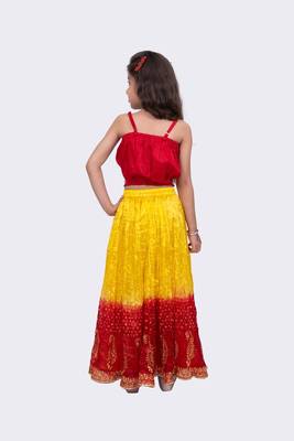 Sleeveless  placement  embroidered  top & tie dye lehenga with dupatta-red & yellow 2
